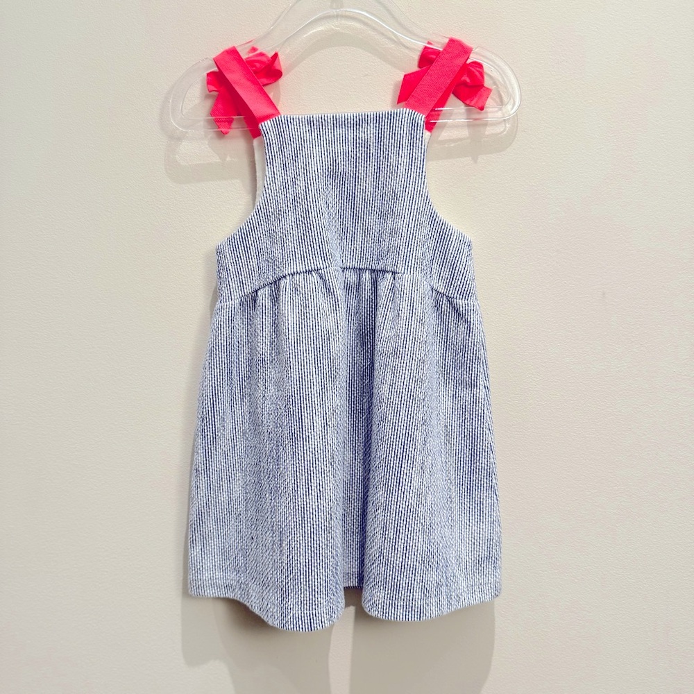 Zara Seersucker Blue & White Stripes & Hot Pink Bow Straps Size 2-3 Years Girls